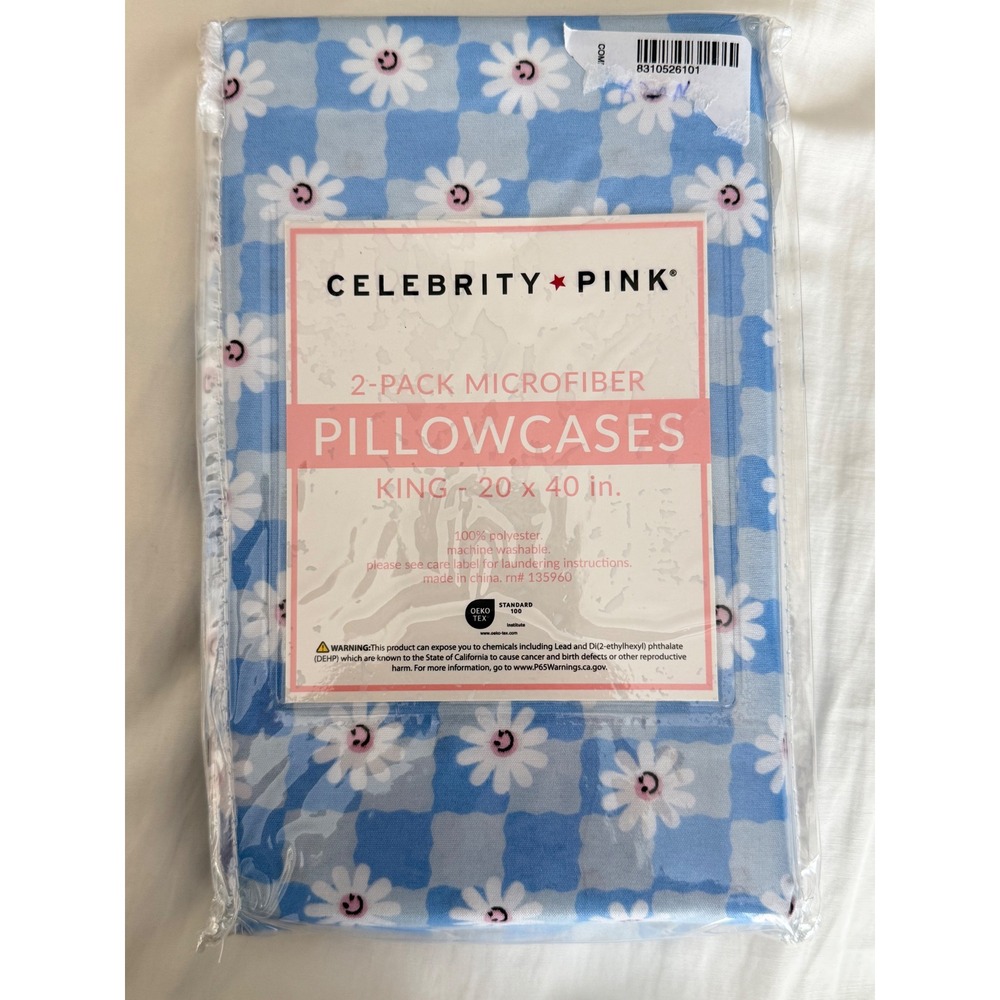 Celebrity Pink King Pillowcases 2-Pack Blue Checkered Smiley Daisy Microfiber